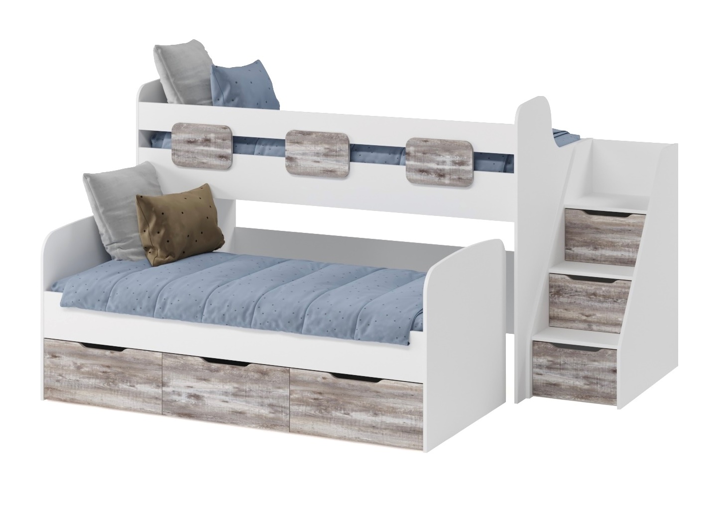 Двухъярусная кровать Городок (бетон пайн + белый). Лестница справа