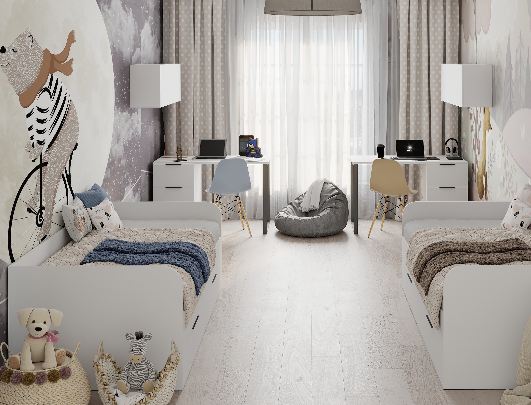 Комплект для 2 детей коллекции Брайт (2 кровати + 2 стола + 2 полки)