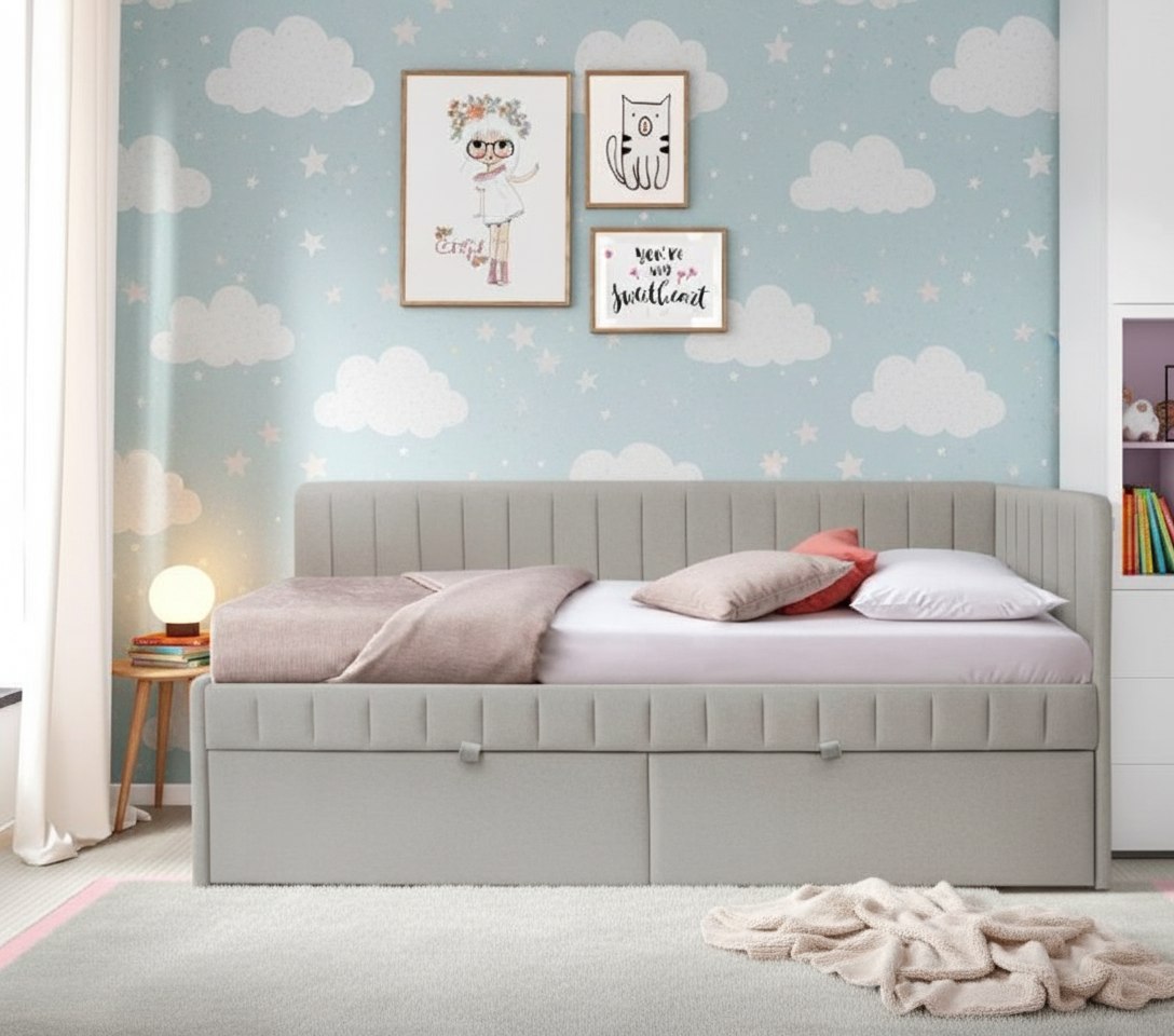 Кровать Слайт полоса угловая 190х80. Велюр Teddy 313 (серый)