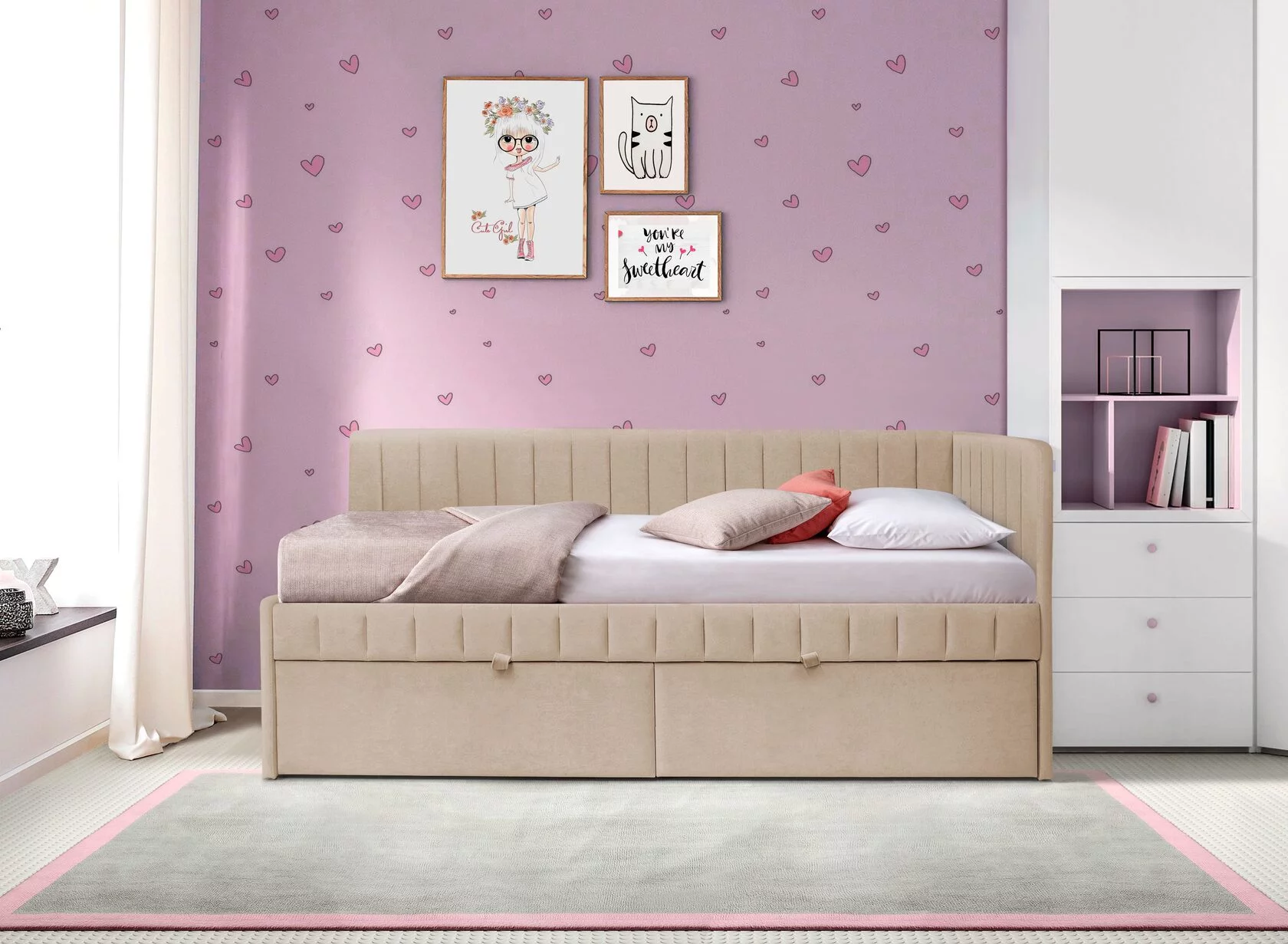 Мягкая кровать Слайт полоса угловая 160х80. Велюр Teddy 304 (бежевый)