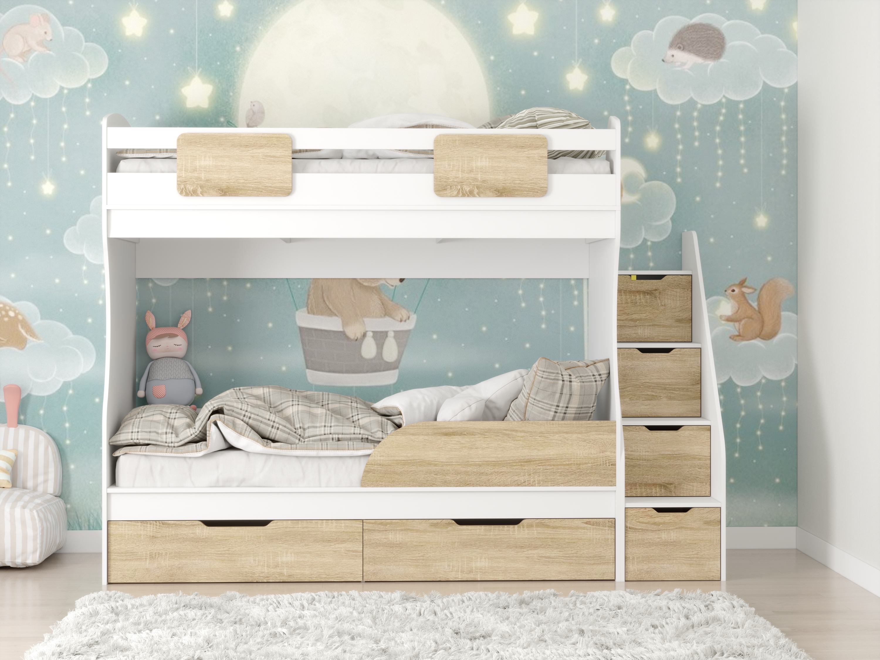 Кровать двухъярусная Дуэт (лестница справа) дуб сонома + белый