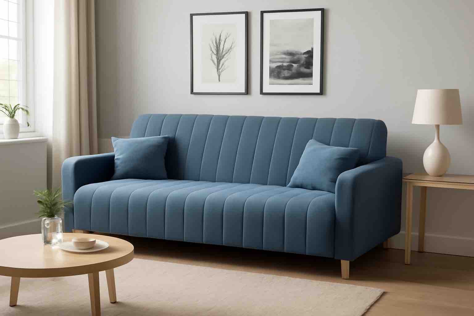 Диван Сэнд 1200х1900 с ящиком и подушками (велюр Fluffy 37 синий камень)