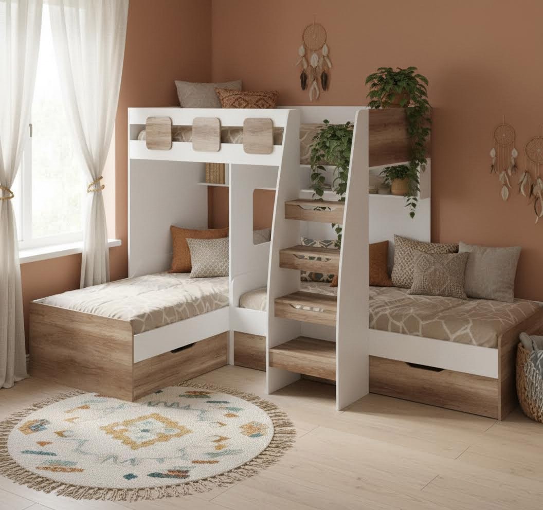 Кровать 3-х ярусная Династия (белый + дуб каньон)