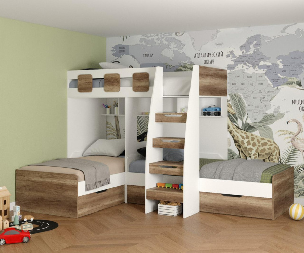 Кровать 3-х ярусная Династия (белый + дуб каньон)