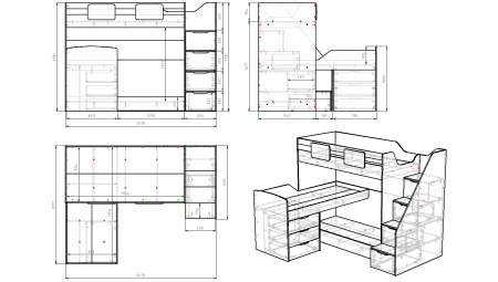 Кровать 3-х ярусная Студия 190х90 (дуб каньон + белый)