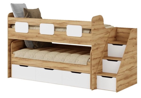 Кровать 2-х ярусная Городок (дуб золотистый + белый). Правая/левая