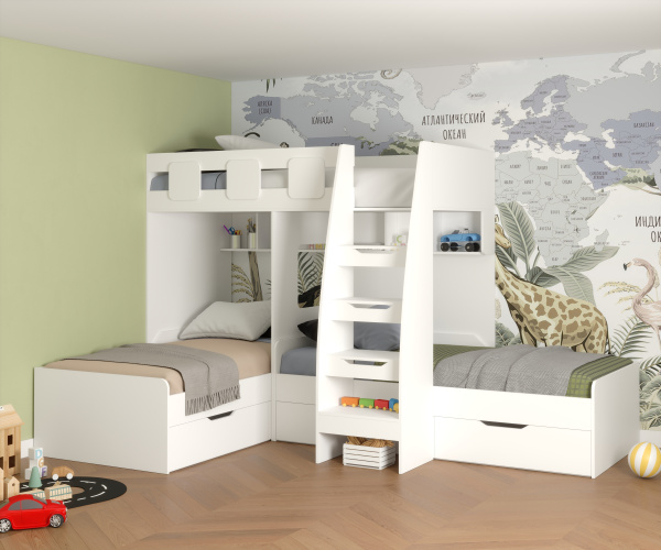 Кровать 3-х ярусная Династия (цвет белый) 190х90 Универсальная