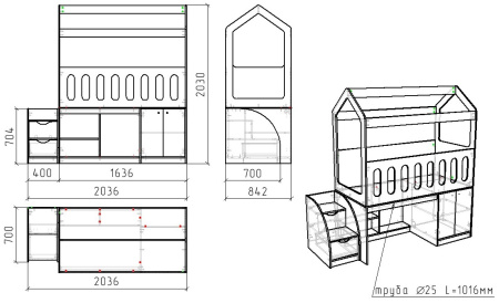 Кровать-чердак Теремок 160х80 (цвет бохо) от Династия Kids