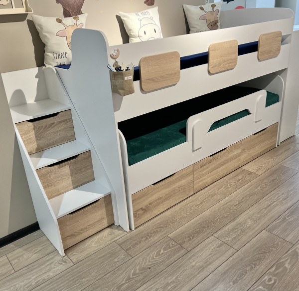 Кровать двухъярусная Городок (дуб сонома + белый) от Династия Kids