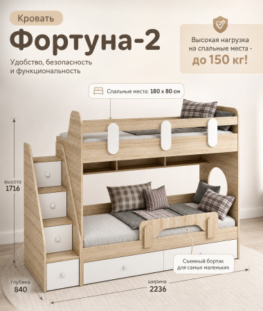 Кровать двухъярусная Фортуна-2 (цвет белый) 180х80 от Династия Kids