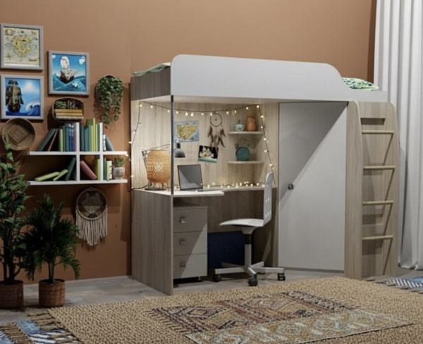 Кровать-чердак 80х200 Колледж (дуб сонома+белый) 