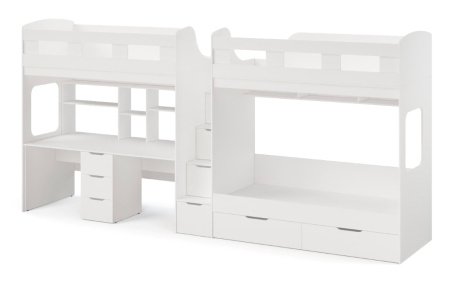 Кровать 3-х ярусная Квартет со столом для 2 детей (цвет белый)