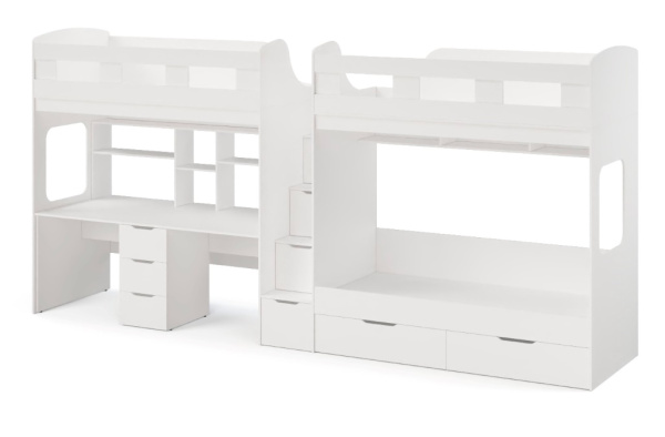 Кровать 3-х ярусная Квартет со столом для 2 детей (цвет белый)