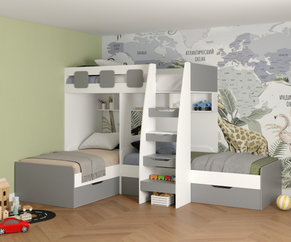 Кровать 3-х ярусная Династия (серебро+белый) 190х90 