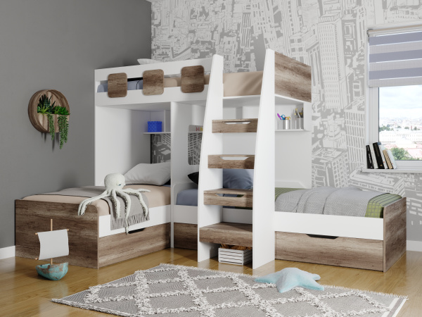 Кровать 3-х ярусная Династия (белый+дуб каньон)