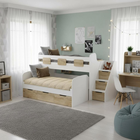 Кровать 2-х ярусная Городок 190х90 (дуб сонома+белый) от Династия Kids