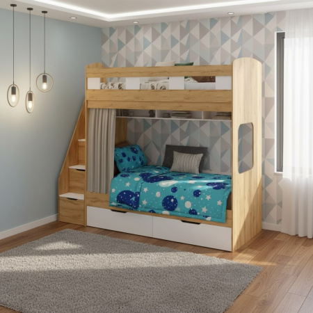 Кровать 2-х ярусная Твинс 190х90 (дуб золотистый + белый) от Династия Kids