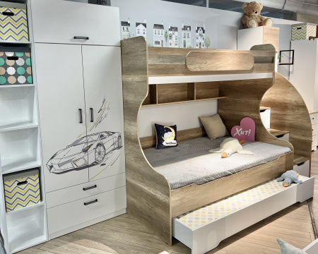 Кровать БИГ 120х200 с доп.спальным местом (дуб каньон + белый) от Династия Kids