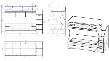 Двухъярусная кровать БИГ 90х200 с доп. спальным местом (цвет белый)  от Династия Kids