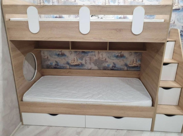 Двухъярусная кровать Фортуна. Корпус дуб сонома + фасады белые 180х80  от Династия Kids