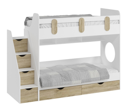 Двухъярусная кровать Фортуна (левая) Корпус белый+фасады дуб сонома 190х80 от Династия Kids